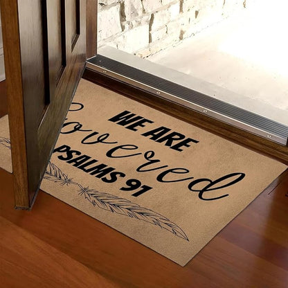 Funny Welcome Doormat (23.7 in X 15.6 in) Anti-Slip Rubber Back Entrance Way Indoor Front Porch Decor Rugs House Warming Gift (We are Covered Psalms 91)