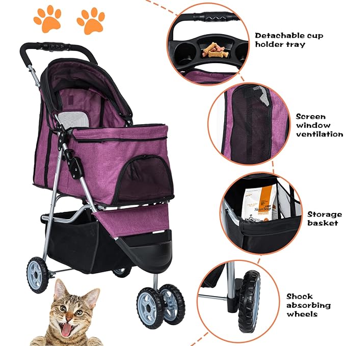 Dog Stroller for Small Dogs,Pet Stroller Strolling Cart Folding Pet Gear Lightweight Waterproof with Storage Basket for Puppy Small Medium Dogs Cats for Travel,Purple