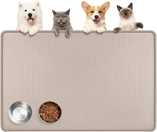 Lorvain 45" x 30" Cat Food Mat, Extra Large Silicone Pet Feeding Mat with Raised Edges, Pet Placemat for Cat Dog Food and Water Bowl Waterproof, Non-Slip, Easy to Clean, Floor Protection, Beige