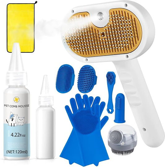 Pet Steam Brush for Dog & Cat – 3-in-1 Spray Hair Removal Comb for Shedding & Grooming, Softens Fur & Reduces Static – Water Brush for Long & Short Coats, Bath-Hating Pets, Includes Waterless Shampoo