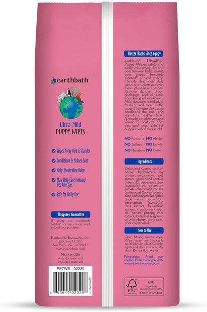 earthbath, Ultra-Mild Wild Cherry Puppy Wipes - Dog Wipes for Paws and Butt, Best Pet Wipes for Dogs & Puppies, Made in USA, Cruelty-Free Dog Cleaning Wipes - 100 Count (2 Pack)