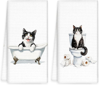 Funny Tuxedo Cat Hand Towels Set of 2, Gifts for Tuxedo Cat Owners Lovers Women Men, Cute Kitten Pet Decor for Bathroom, Funny Pet Lovers Toilet Hand Towels for Bathroom Washroom,16x24In