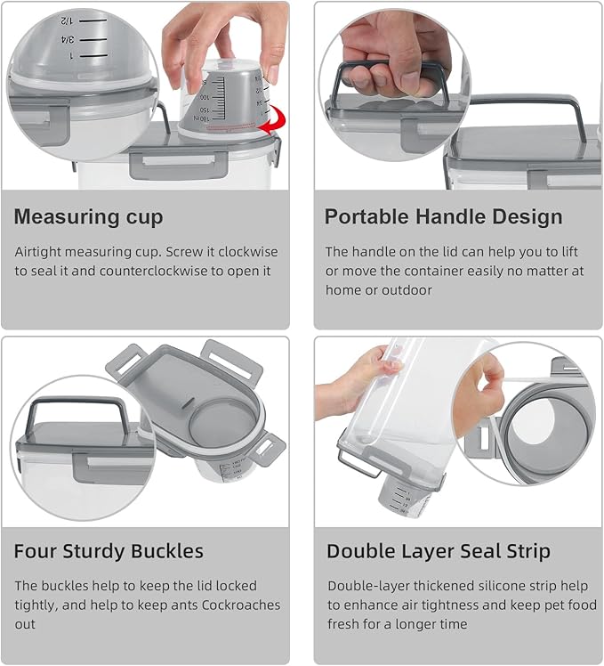 Airtight Small Cat Dog Pet Food Storage Containers BPA Free, with Large Pour Spout/1 Measuring Cup/ 4 Safety Locks and Double-layer Silicone Strip (Clear Grey x 2, 3L-2pack)