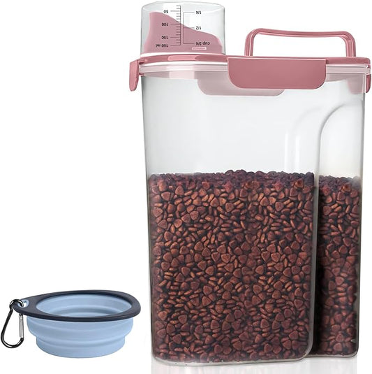 Airtight Small Cat Dog Pet Food Storage Containers BPA Free, with Large Pour Spout/1 Measuring Cup/ 4 Safety Locks and Double-layer Silicone Strip (Rose Pink, 5L-1pack)
