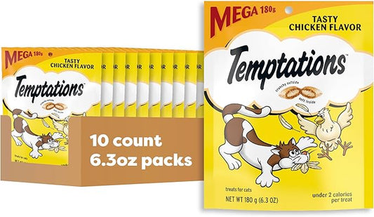 Temptations Cat Treats Classic Crunchy and Soft Cat Treats, Tasty Chicken Flavor, 6.3 oz. Pouch (Pack of 10)