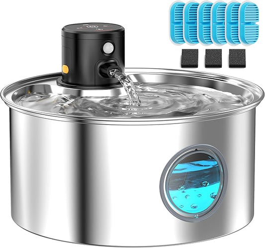 Cat Water Fountain Battery Powered: Cordless Cat Fountain Wireless - Rechargeable Pet Water Fountain Stainless Steel - 108oz/3.2L Automatic Kitty Water Fountain with Motion Sensor - 9 Filters