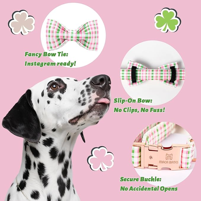 Maca Bates Plaid Dog Collar with Fancy Bow Tie,Cherry Pink Green Gingham Pattern for Medium Girl Boy Dogs,Adjustable Durable Soft Collars Irish Gift for Male Female Puppy