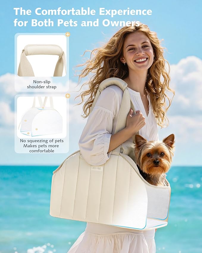 Pecute Dog Purse Carrier, Lightweight Dog Carriers for Small Dogs with Large Pockets, Dog Soft-Sided Carriers up to 6.6lbs, Pet Carrier for Puppy Cat Rabbit, Suitable for Travel, Subway, Cream