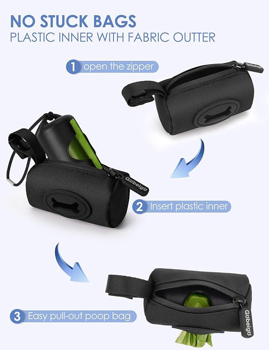 Gobeigo【Easy Pull-Out Version】 Dog Poop Bag Holder,【2-in-1 Hard Plastic Insert & Soft Fabric Bag】Snap-On Strap Dispenser Fits Retractable and Standard Leashes with 1 Roll Bags (Black)