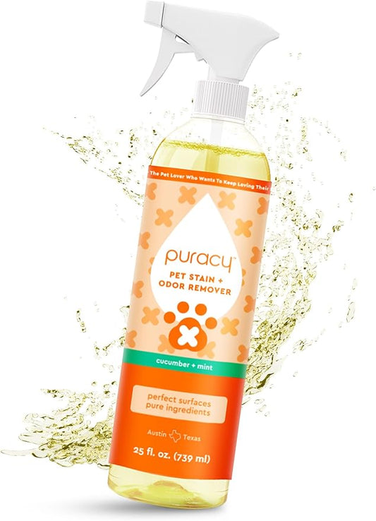 Puracy Pet Stain and Odor Remover - Enzyme Cleaner for Dog & Cat Urine and Poop on Carpet, Professional Pet Carpet Stain Remover, Cucumber & Mint, 25oz