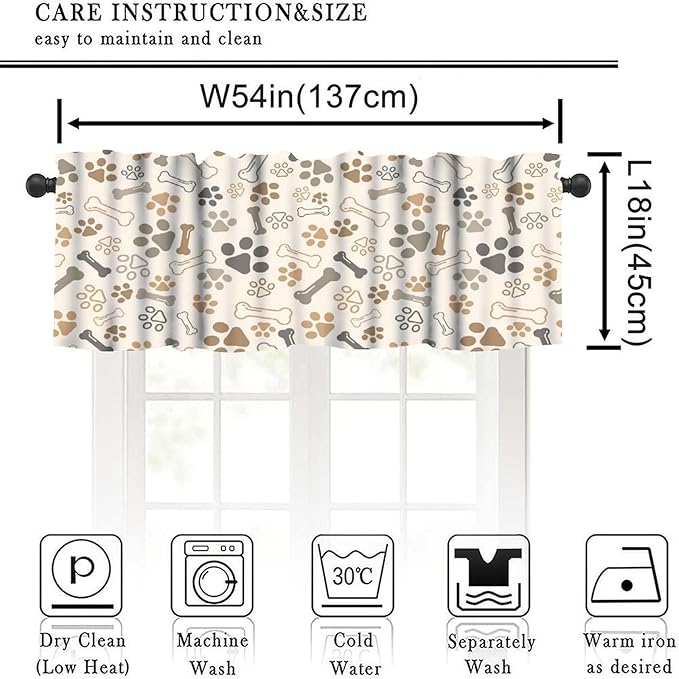Paw Valances Curtain for Kitchen, Brown Beige Dog Paw Bone Window Treatment Valances Short Curtains Rod Pocket Drape for Dining Room Home Farmhouse Decor, 54x18inch