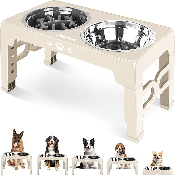 Elevated Dog Bowls, Non-Slip Dog Feeder with 1*Stainless Steel Dishes & 1*Slow Feeder Bowl, 5 Heights Adjustable Raised Bowls for 3.15″-8.66″-9.84″-11.02″-12.2″