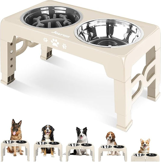 Elevated Dog Bowls, Non-Slip Dog Feeder with 1*Stainless Steel Dishes & 1*Slow Feeder Bowl, 5 Heights Adjustable Raised Bowls for 3.15″-8.66″-9.84″-11.02″-12.2″