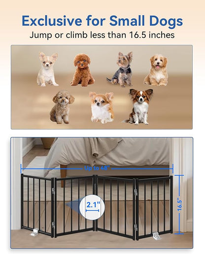 BFNN Free Standing Dog Gate, 16.5" Short Pet Gate for Stairs and Doorways, Up to 48" Wide Foldable Puppy Fence, Indoor & Outdoor Use, No Drilling and No Assembly, for Small & Toy Dogs, Black