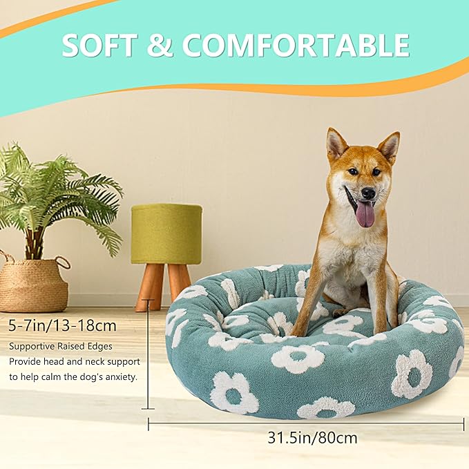 31 Inch Calming Dog Bed for Medium Dogs, Round Anti-Anxiety Warm Bed, Soft Cozy Anti-Slip Donut Washable Pet Bed, Fits up to 50 lbs Pets