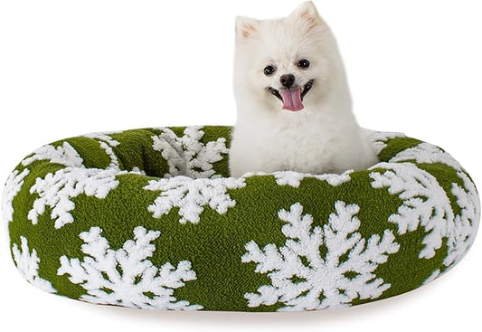 23 Inch Christmas Snowflakes Calming Dog Bed for Small Dogs Cats, Kitty Puppy Round Anti-Anxiety Warm Bed, Soft Cozy Anti-Slip Donut Washable Pet Bed, Fits up to 30 lbs Pets