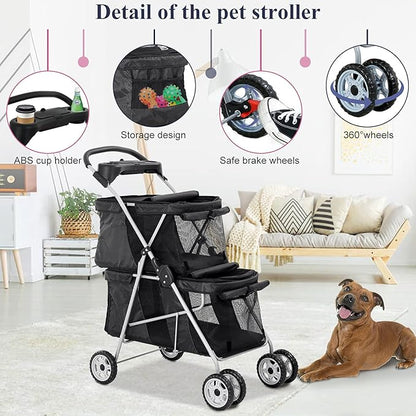 TTY Store Best 4 Wheels Pet Stroller Double Decker Seats Foldable Jogge for Small Medium Dogs & Cats or Other Kitten Puppy Travel Cage w/Cup Holders Removable Liner, Black, 30 x 20 x 40 Inch