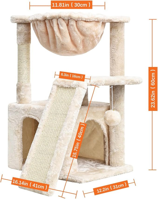 SYANDLVY Cat Tree for Indoor Cats Large Adults, Modern Activity Tower with Scratching Posts & Board, Condo with Plush Perch, Climbing Stand with Cradle & Hanging Ball for Play, Beige