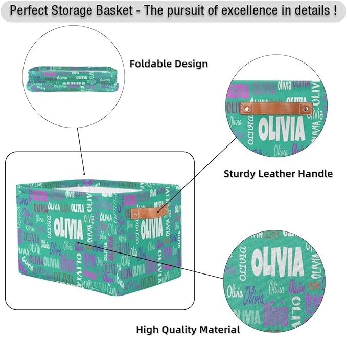 Custom Storage Baskets Named, Personalized Storage Bins Basket Boxes PU Leather Handles for Clothes Bedroom Closet Organizing Toys Books Shelves, Light Sea Green Color