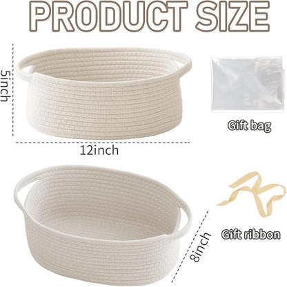 Woven Basket,Small Rope Storage Bin with Handles & Ribbon Bag, Organizer for Shelves Closets,Gift Basket Empty for Birthday,Books,Dog Toys,White