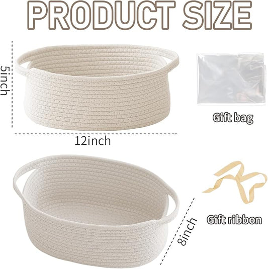 Woven Basket,Small Rope Storage Bin with Handles & Ribbon Bag, Organizer for Shelves Closets,Gift Basket Empty for Birthday,Books,Dog Toys,White