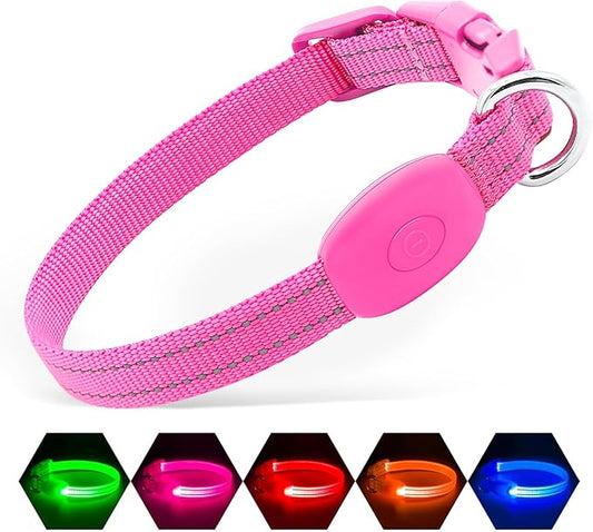 Illumifun LED Dog Collar, USB Rechargeable Light Up Collars, Adjustable Safety Collar Light for Small Dogs Cats Glow in The Dark (Pink, X-Small)