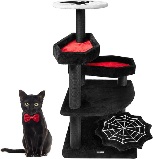 KAMABOKO Gothic Cat Tree, 46.9in Black Cat Tower with Coffin Bed, Cat Condo with Sisal Scratching Posts, Scratching Ramp and Comfort Basket for Indoor Cats