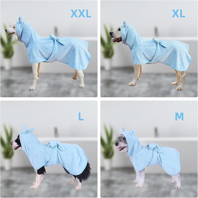 Super Absorbent Dog Bathrobe Pineapple Soft Fast Drying Dogs Towel Robe Adjustable Drying Coat for After Bath with Hood (Coral Velvet Blue, Large)