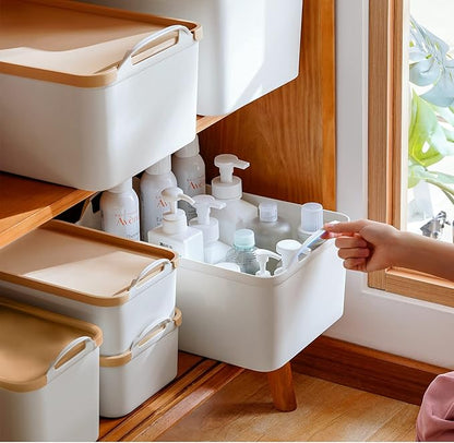 ANMINY 8PCS All-in-One Lidded Plastic Storage Bins Set White Desk Basket Box Drawer Organizer Kitchen Food Container with Handles Removable Lids Decorative Clothes Laundry Closet Cabinet Shelf Cube