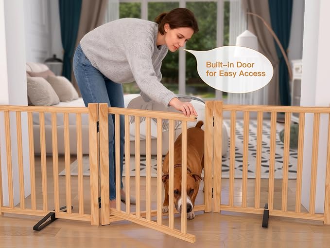 YOCAN Paint-Free Wooden Freestanding Dog Gates with Door for The House,Doorways, Stairs,Wood Dog Fences Indoor Pet Gate,Step Over Fence-6 Panel