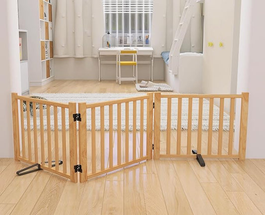 YOCAN Paint-Free Wooden Freestanding Dog Gates for The House,Doorways, Stairs,Wood Dog Fences Indoor Pet Gate,Step Over Fence-3 Panels L:69" H:16.9"
