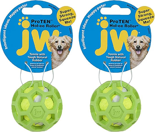 JW Pet Proten HOL-ee Roller Dog Chew Puzzle, Small, Lime Green Tennis Ball with Assorted Colors (Green, Red, Blue), 42204 (Pack of 2)