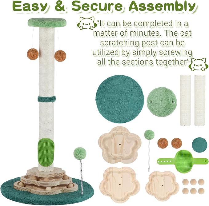 25.6inches Tall Cat Scratching Post, Cute Cat Scratching Post with Interactive Ball Two-Layer Track Spring Ball Toys and Self Groomer for Indoor Cats and Kittens Protect Your Furniture