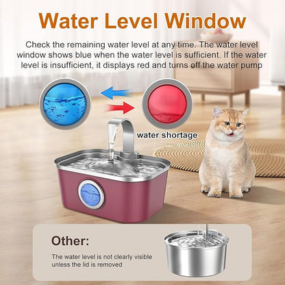 Bobo&Dragon Stainless Steel Cat Water Fountain, 124oz/3.5L Automatic Dog Water Dispenser - Ultra Quiet Faucet Flow, Smart Window & Fresh Filtered Hydration, Dishwasher Safe for Multi-Pet Cosmic Berry