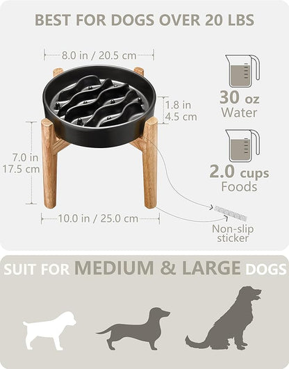 Ceramic Slow Feeder Dog Bowls Elevated, 2.0 Cups Dog Slow Feeder for Medium and Large Dogs, 30oz, 8in, Black