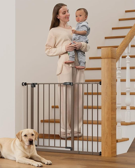 InnoTruth 29.5–40.75" Baby Gate for Stairs, 30" Tall Dog Gates for Doorways & Hallways, Safety Gate for Kids & Pets, Pressure-Mounted Walk-Through with Dual Lock & 2-Way Swing, Brown