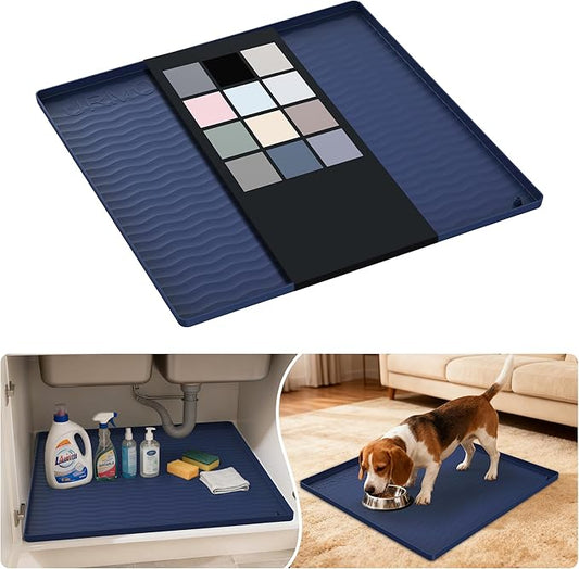 URMONA Waterproof Silicone Under Sink Mat 22'' x 22'' Shelf Liner for Kitchen and Bathroom, Cabinet and Counter Protector, Storage and Organizers, Litter Mat, Pet Cat Puppy Essentials(Navy)