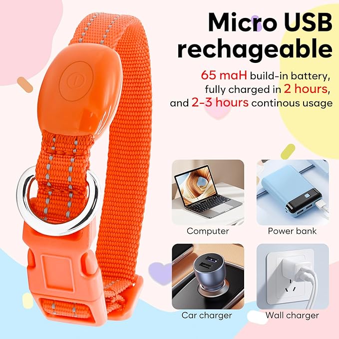 Light Up Dog Collar - Rechargeable LED Pet Collar for Puppies & Cats, Glowing Safety Dog Lights for Night Walking (Orange, XS)