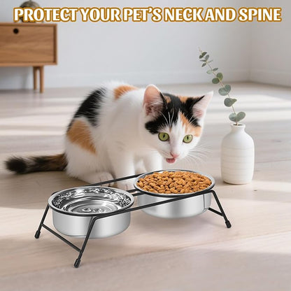 Raised Cat Bowls Cat Feeder Holders 2 Stainless Steel Elevated Pet Water Food Bowl for Cats Puppies Rabbits (2 Bowls)
