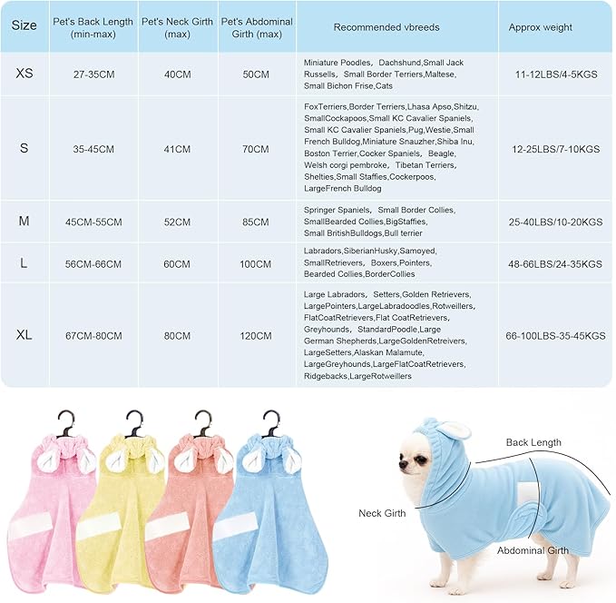 Pet Bathrobe Towel Dog Cat Drying Coat Super Absorbent Cute Dogs Bath Towel Hooded Robe Adjustable Collar & Belly Strap for XSmall to XLarge Pets (Blue, X-Small)
