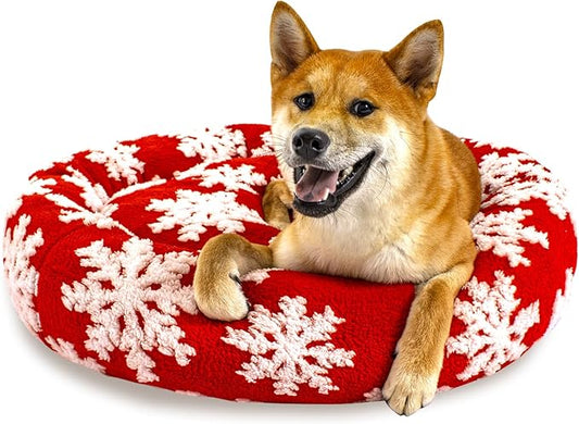 31 Inch Christmas Snowflakes Calming Dog Bed for Medium Dogs, Round Anti-Anxiety Warm Bed, Soft Cozy Anti-Slip Donut Washable Pet Bed, Fits up to 50 lbs Pets