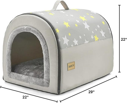 Jiupety Indoor Dog House, 2-in-1 Portable Foldable House Bed with Cover, Pet Tent & Cave Bed for Medium Dogs, XL(28"×21"×19"), Up to 40 Lb, Grey