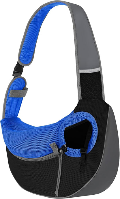 Pawaboo Dog Sling Carrier, Hand Free Breathable Mesh Bag for Puppy Cat, Drawstring Dog Papoose with Adjustable Strap and Pocket, Crossbody Satchel Dogs Purse for Outdoor Travel, S, Indigo