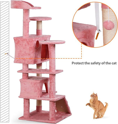 ZENY 54 Inch Cat Tree, Multi-Level Cat Condo with Scratching Post + 2 Play Houses, Pet Furniture in Pink