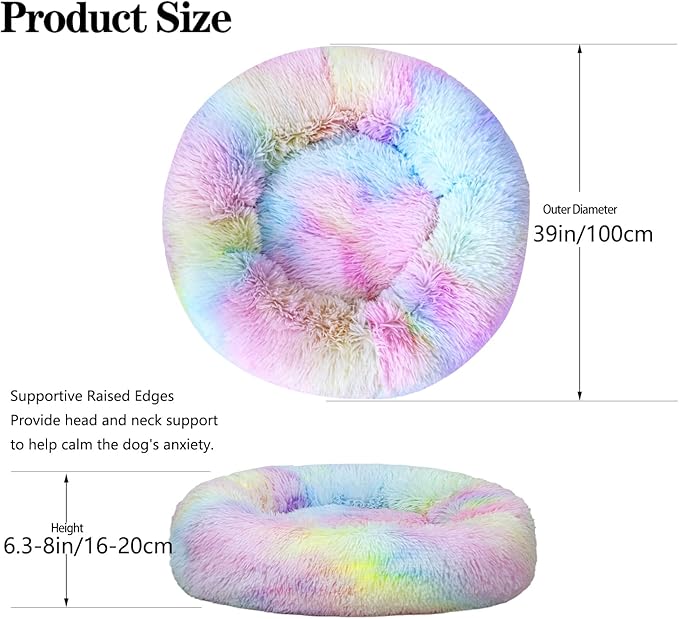 Calming Dog Bed for Big Dogs, 39'' Round Anti-Anxiety Warm Fluffy Plush Faux Fur Bed, Soft Anti-Slip Donut Washable Big Pet Bed, Cozy Big Dogs Bed, Fits up to 100 lbs Pets