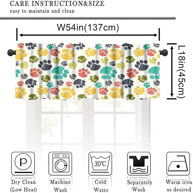 Paw Valances Curtain for Kitchen, Colorful Animal Paws Print Window Treatment Valances Short Curtains Rod Pocket Drape for Dining Room Home Farmhouse Decor, 54x18inch