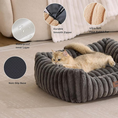 Small Dog Beds for Small Dogs - Washable Cat Beds for Indoor Cats, Rectangle Orthopedic Puppy Bed with Fluffy Removable Cover, 20x19x7inches, Beige