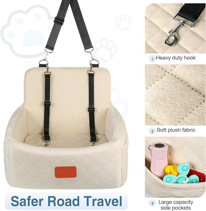 Dog Car Seat for Under 30lbs Dogs,Comfy Febric Fill in Memory Foam,Washable and Detachable Pet Travel Car Bed,Anti-Slip Bottom,2 Safety Leashes & Storage Pockets(Beige)