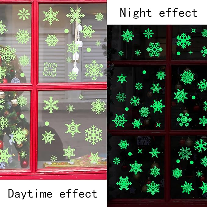 93PCS Glow in The Dark Snowflake Window Clings, Glass Window Snowflake Decals, Non-Adhesive Stickers, Static Stickers, Christmas Stickers for Children's Room Decoration Christmas Decoration