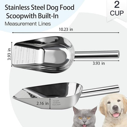 Dog-Cat Food Scoop 1 Cup – Thickened 304 Stainless Steel Pet Food Scoop with Long Handle, Precision Scale, Easy to Clean, for Wet Dry Food